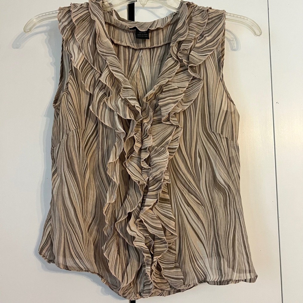 The Limited Silk Ruffle Blouse XS‎ Tan Brown Marble Swirl Print Sleeveless Top